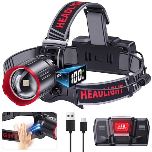 ET Super Bright LED Head Torch Rechargeable, 100000 Lumens Headlamp with 6 Modes & Waterproof & 120° Adjustable ＆ Zoomable & Motion Sensor Lightweight Comfortable Headlight for Camping Fishing Hiking