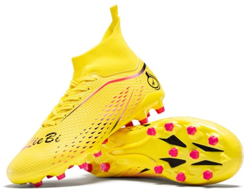 WOWEI Fotbollsskor herr pojkar High Top Spike Cleats professionella fotbollsskor barn sport utomhus atletiska träningsskor fotbollsskor sportskor tävling, GUL, 46 EU