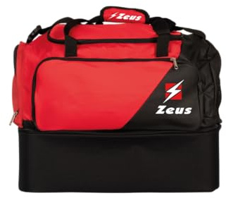 Borsa Voluntas per Zeus Sport Materiale Sportivo Relax Allenamento Fitness Palestra Borsone Borse Borsoni Tascone Frontale Laterale Calcio Calcetto Fondo Rigido (Rosso/Nero, H 43 x L 54 x P 30 cm)