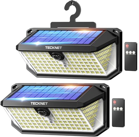 TECKNET Lampe Solaire Extérieur, 546 LED, Éclairage Puissant à 300°, Étanchéité IP66, Lampe Solaire Exterieur Detecteur de Mouvement avec Crochets, Idéale Pour le Jardin, le Garage et la Terrasse