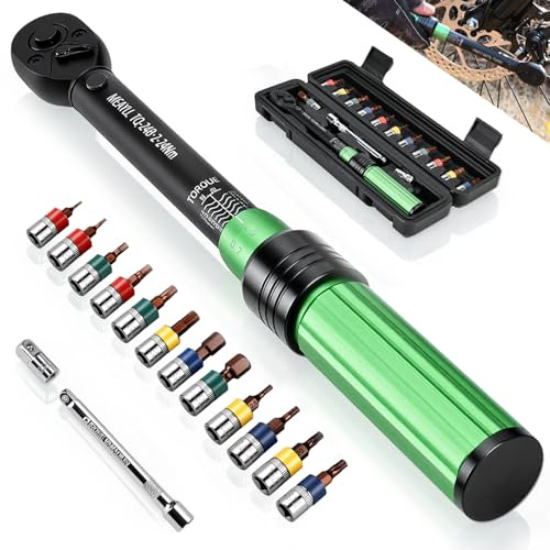 15-teiliges kleiner Drehmomentschlüssel Fahrrad Set 2-24 Nm, 1/4 Zoll Torque Wrench mit ±3 % Genauigkeit, 72 Zähne, inkl. 12 Bits, 1/4 auf 3/8 Adapter & Verlängerung für MTB und E-Bike-Reparatur