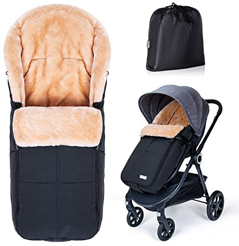 Orzbow Fußsack Buggy, Künstliches Lammfell Fußsack Kinderwagen Baby Winter mit Reißverschluss, Abnehmbar, Universelle & Wasserdicht, Maschinenwaschbar, Schwarz