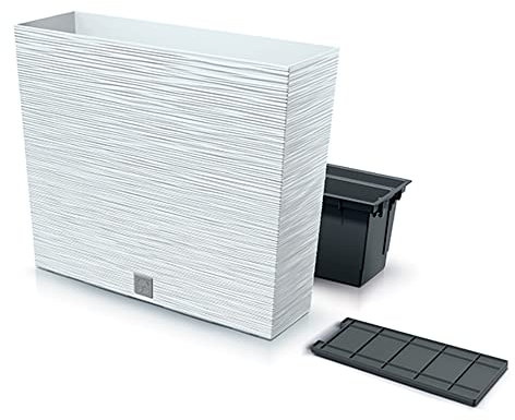 Macetero color blanco, con depósito, colección FURU, de 58 x 18 x 49,8 cm, capacidad de 12 L.