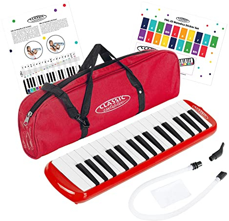 Classic Cantabile FML-32 RD Melodica de 32 teclas (rango f-c³) con folleto de 5 canciones, pegatinas, estuche, boquilla y tubo de soplado. Color rojo.