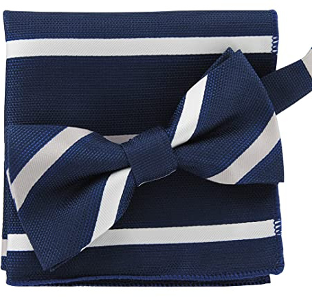 axy Men's Bow Tie with Pocket Square as Set for Suit, Pre-Tied Bow Tie Confirmation Adjustable, Black-Blue Striped, One Size