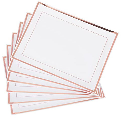 MATANA 6 Plateaux de Service en Plastique Blanc avec Bordure Or Rose, 30x23cm - Solides et Réutilisables - Plateau Rectangulaire pour Traiteur, Buffets, Mariages, Anniversaires, Noël, Fêtes
