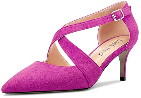 Saekcted Femmes Mi Aiguille Talon Heel Pointu Bout Escarpins Lanières Cheville Lanières Croisées Boucle Party Dress Chaussures Rouge Suède A 39 EU