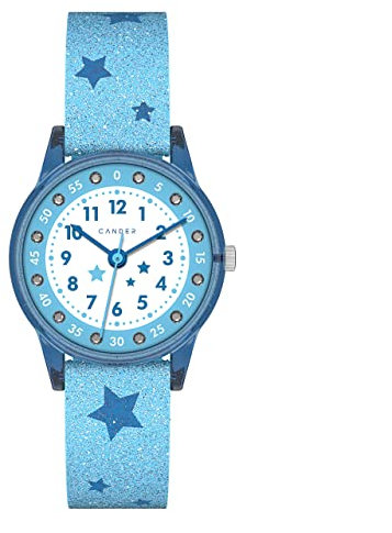 Cander Berlin MNA 1630 R Kinderarmbanduhr Armbanduhr Mädchen 3 ATM wasserdicht Lernuhr analog Glitzer blau Sterne Kinder