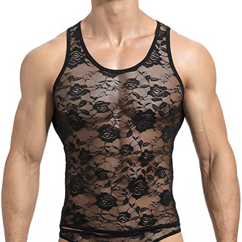 Caziffer Men Sheer Floral Lace Mesh Tank Tops Workout Gym Shirt Sleeveless Fitness Bodybuilding Fishnet Undershirt Floral Muscle T-Shirt Summer Activewear (Black, L)