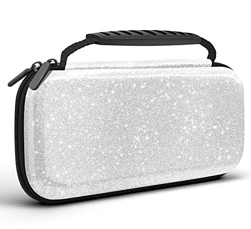 JYPS Tasche für Nintendo Switch/OLED, Glitzer Switch Tragetasche Mädchen, Harter Schutzhülle mit Griff, Travel Hülle Switch Case für 10 Spiele, Konsole & Zubehör(Silber)