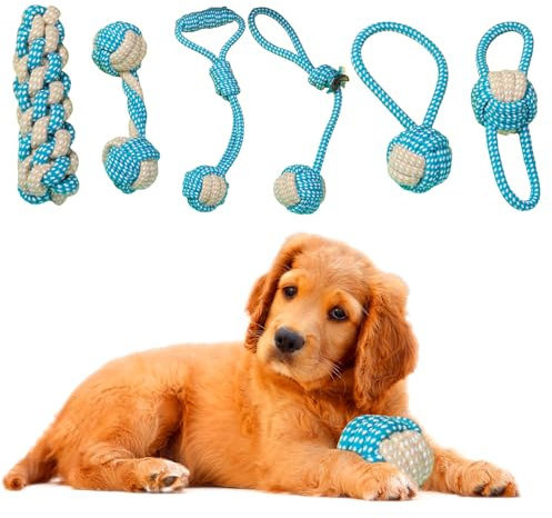 7 Stück Hundespielzeug: Unzerstörbares Kauspielzeug für Kleine Hunde, Welpen, Zahnpflege - Langlebiges Interaktives Seil-Spielzeug (Blau)