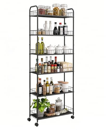Seadasyoon 6 Tier Slim Rolling Storage Cart, Mobile Shelving Unit with Wheels, Metal Wire Storage Rack with Baskets for Kitchen Bathroom Office Laundry Narrow Piaces (10in Rolling Cart)
