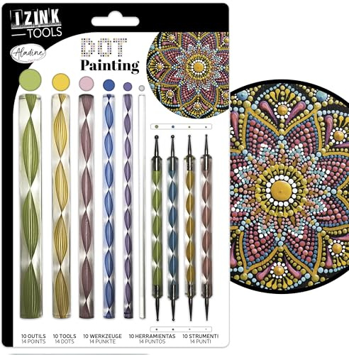 Aladine 80811 - Kit de herramientas de pintura de punto (10 herramientas y 14 puntas, para mandalas, pintura sobre guijarro, madera, tejidos, lienzos, puntos, pintura para manualidades