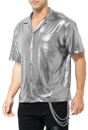 Casey Kevin Men's Short Sleeve Shirts Metallic Disco Button Down Shirts | Metallic Shiny Collared Nightclub T-Shirt, 70s Disco Outfit, Suit for Costumes Cosplay Theme Party Casual DJ Stage Halloween