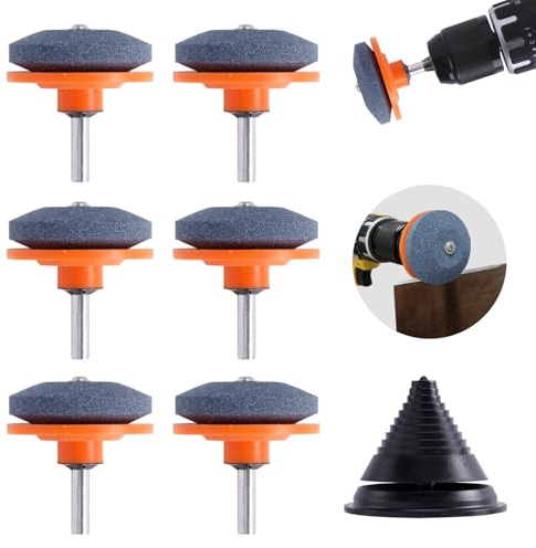 WISEPRO 7 PCS Lawn Mower Blade Sharpener Kit, Universal Wear Resistant Mower Blade Sharpener and Lawn Mower Blade Balancer, Lawnmower Dull Blade Sharpener for Power Drill Hand Drill