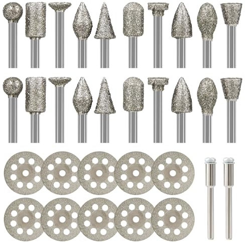 Diamond Grinding Bit Set Stone Carving Set Hakkin 30Pcs Diamond Burr Bit with diamond Cutting Discs 3mm Shank Compatible with Dremel Rotary Tool for Grinding, Stone Carving Polishing