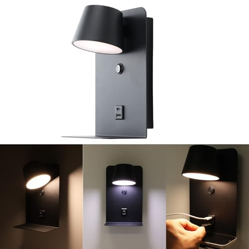 Alpinaluz LED-vägglampa, 6 W, svart, justerbar nyans (3 000K/4 000K/6 000K), strömbrytare, USB-laddningsport, typ C och A, 14 cm aluminiumstativ för sänggavel och nattduksbord