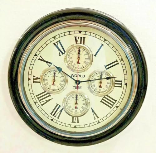 Reloj de madera negro, reloj de hora mundial, estilo náutico, decoración de pared de latón