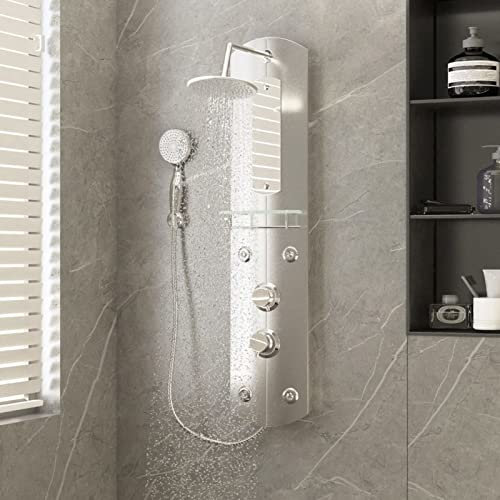 Brokky Shower Panel Unit 25x43x110 cm Silver,Shower Panel Column Tower Multiple Function,Waterfall Rainfall Shower Head Body Jets Handheld Shower and Bath Spout Wall Mounted Shower System