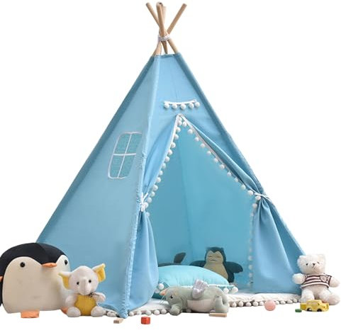 Tipi Zelt 120x120x160cm Spielzelt mit Filzkugel Indoor Spielhaus Mehrere Farben Segeltuch Tipizelt Lesezelt&Spielzimmer Kinderzelt (Blau)