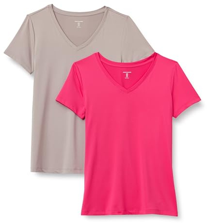 Amazon Essentials Women's Active Quick-Dry Tech-Stretch Short-Sleeve Sports, Gym And Workout Running Tops, Pack of 2, Beige/Hot Pink, XL