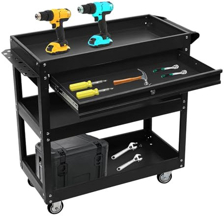 HINOPY Carro de herramientas con 3 compartimentos, banco de trabajo con cajones y cerradura, armario móvil de metal para talleres, garajes, almacenes, obras (negro)