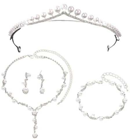 XFSRG Elegante Set de Joyería de Novia con Corona Brillante Collar Pendientes y Pulsera Joyería de Lujo para Bodas y Ocasiones Especiales