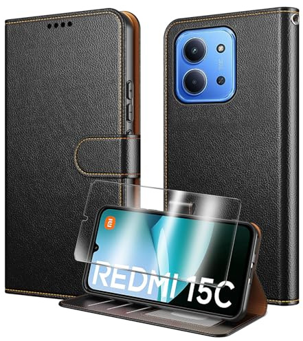 Funda para Xiaomi Redmi 15C 4G/5G/Poco C85 con Vidrio Templado Protector de Pantalla, Protección RFID,Cuero PU Carcasa con Ranuras para Tarjetas, Función de Soporte Magnética y Billetera Caso - Negro