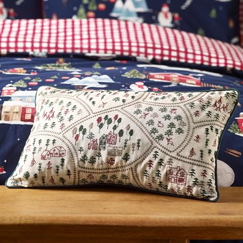 Catherine Lansfield Christmas Ski Village Embroidered 30x50cm Cushion Natural