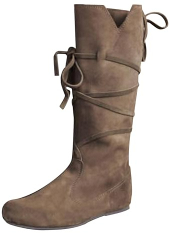 Generiska vandringskängor män breda fötter cowboystövlar män höga, övergångsstövlar vintage västerländska stövlar renässans traditionella stövlar medeltida cowboystövlar med skosnören långa stövlar