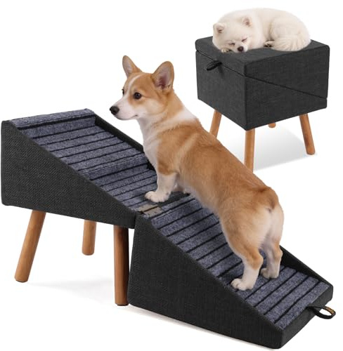 17.13 H Dog Stairs for Small Dogs, 2-in-1 Pet Steps & Ottoman - Foldable Dog Stairs for Couch, Non-Slip Wooden Pet Stairs for Puppy Senior Injured Dogs