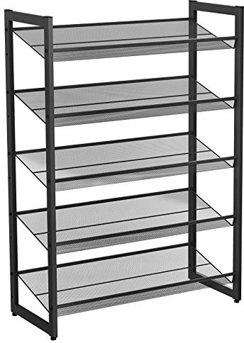 SONGMICS Erweiterbares Schuhregal aus Metallgewebe mit 5 Ebenen für 15-20 Paar Schuhe, Schuhständer für Flur, 74 x 104 x 30,7 cm (B x H x T), schwarz, LMR005B
