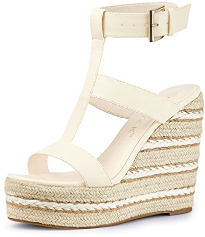Allegra K Sandales compensées compensées Espadrilles à lanières pour Femmes Beige 37
