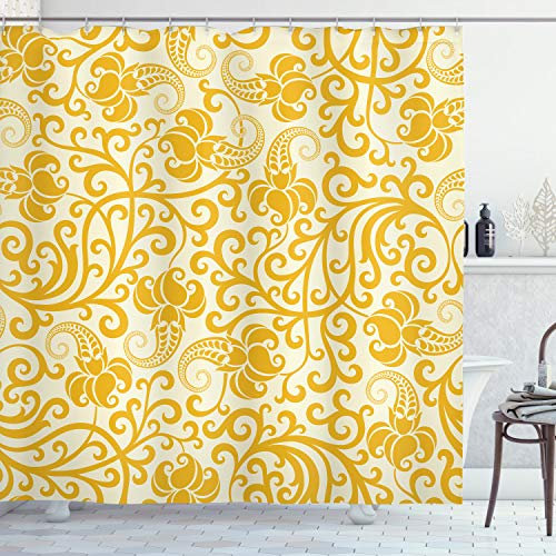 ABAKUHAUS Jugendstil Duschvorhang, Blüten, Stoffliches Gewebe Badezimmerdekorationsset mit Haken, 175 x 180 cm, Pale Yellow Earth Gelb