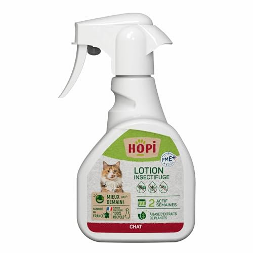 HOPI Lotion Anti Puces Chat sans rinçage 250 ml - Protection contre les Puces, les Tiques et les Moustiques - Longue Tenue - Extraits de Plantes - Pratique et Facile - Fabriqué en France