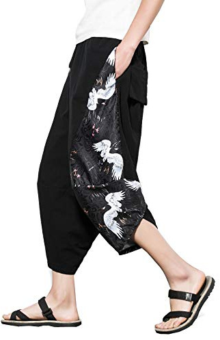 DOSLAVIDA Men's Linen Harem Capri Pants Lightweight Elastic Waist Wide Leg Cropped Trousers Casual Loose Beach Capris