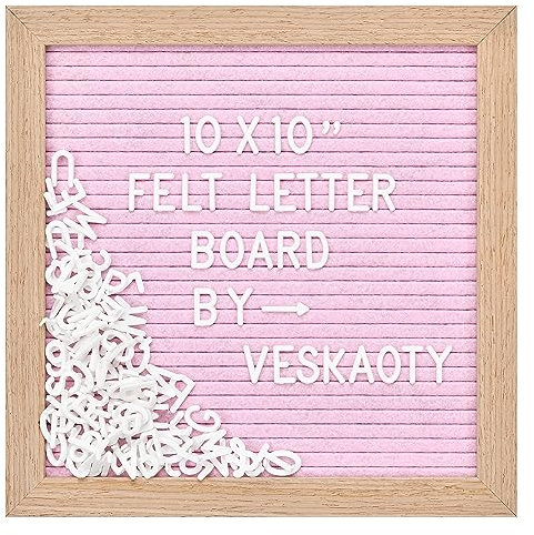 Filz-Buchstabenbrett mit 294 Buchstaben, Zahlen und Symbolen, 25,4 x 25,4 cm, austauschbares Nachrichtenbrett mit Holzrahmen, Wandhalterung, Rosa und Holz