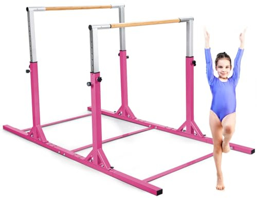 COSTWAY Barra de Gimnasia para Niños 6 a 12 años, Doble Barras, Barra Horizontal Gimnasio Artística con Ancho Ajustable y 11 Alturas, Capacidad de 100 KG (Rosa)