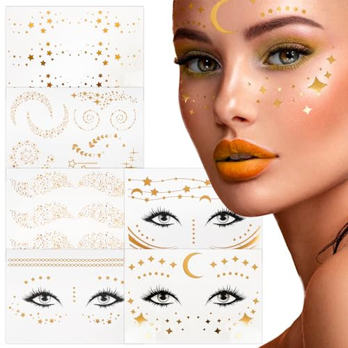 BETESSIN 6 Fogli Tatuaggi Temporanei Metallico Oro Viso Occhi Stella Luna Tatuaggi Adesivi Trucco Metallico Viso Occhi Make Up per Donna Ragazza Festa di Costume Nubilato Carnevale