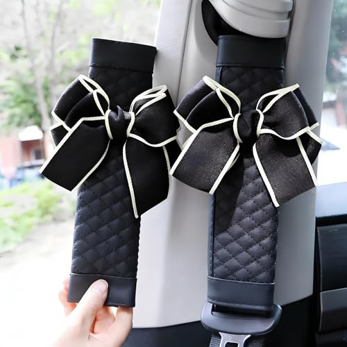 ZigiHos Cute Bow Leather Car Seat Belt Cover Pads 2 Packs & 4 Packs Soft Seat Belt Cover for Shoulder Pad Neck Cushion Protector Car Accessories Universal Seat Belt Cover (Black,2)
