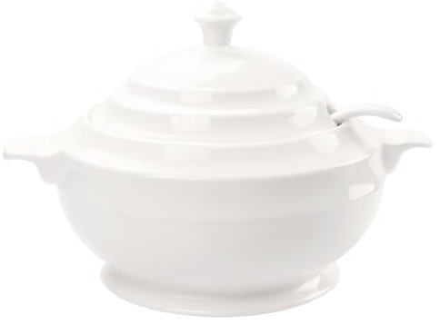 jinsongdafa Casserole Dish with Serving Handle, 2.7-quart White French Soup pot, Ceramic Tureen with Lid and Ladle, for Dinner and Party, Microwave, Dishwasher, Oven Safe 11.6 Inch