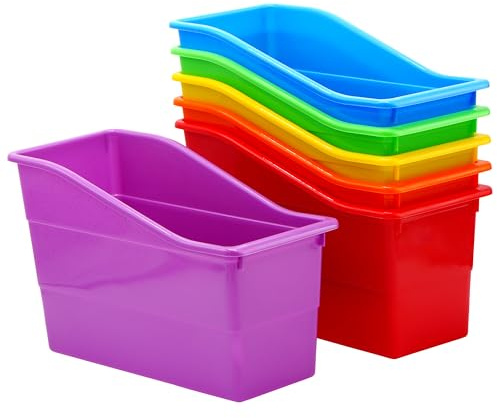 4E's Novelty 6 Durable Book and Binder Holder, Files Book Bins for Classroom, Plastic Vertical Storage Book Organizer Folder Office Classroom Organization Containers Supplies (Rainbow)