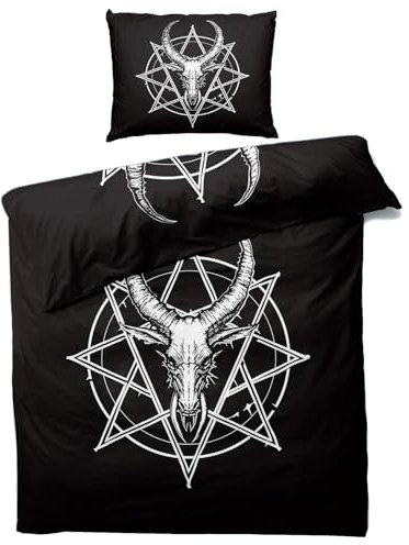 MOBEITI Schwarz Gothic Bettwäsche 135x200, Baphomet Pentagramm Satanische Wendebettwäsche - Deko & Geschenke, Weiche Mikrofaser Bettbezug Set 2teilig, 1 Kissenbezug 80x80, mit Reißverschluss