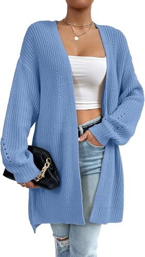 Maeau - Cardigan Long Femme Tricot Ouvert Devant Gilet Pull Long Col V Cardigan Tricot Ample Décontracté Fente Latérale Adapté au Printemps Automne - Bleu - M