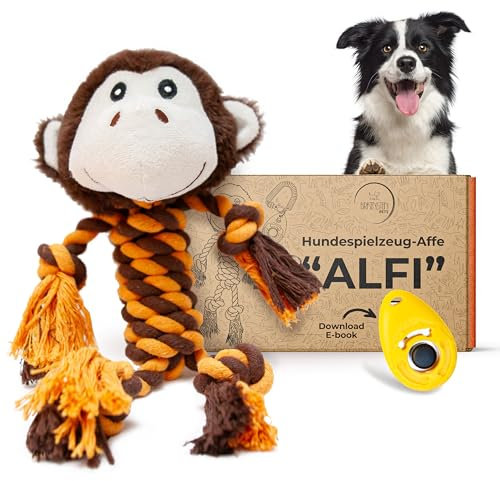 Birkenstein® Hundespielzeug AFFE ALFI - Hundetraining OHNE Quietschen zum Apportieren und Tauziehen, inklusive Clicker