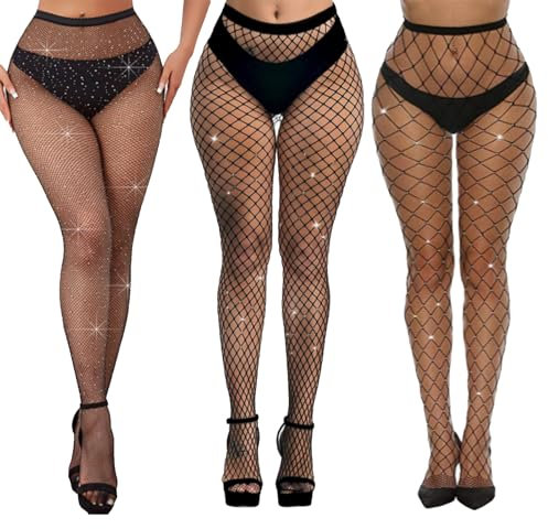QSZHSL 3 Stück Strass Netzstrümpfe Netzstrumpfhosen, Schwarz Strumpfhose mit Hoher Taille, Damen Netzstrumpfhosen, Netzstrumpfhose Glitzer, Sexy Hohe Strümpfe Strumpfhosen Netzstrumpfhosen