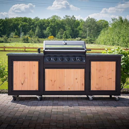 TitanCrafts - The Grillmaster - Small Außenküche ohne Gasgrill - Outdoorküche wetterfest mit Arbeitsplatte aus Granit - inkl. Stauraum, 8 Rädern - für Garten & Terrasse - 250x68x102cm