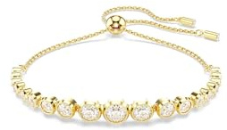 Swarovski Bracelet Tennis Imber, dégradé de cristaux ronds blancs en sertissage chaton moderne sur chaîne souple, longueur ajustable jusqu’à 24 cm, fermoir boule coulissante, placage ton or