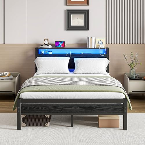 BORPHOM Telaio del letto con stazione di ricarica,illuminazione a LED,letto matrimoniale per ospiti,letto matrimoniale in metallo,140 x 200 cm, struttura in metallo,letto per ragazzi con rete a