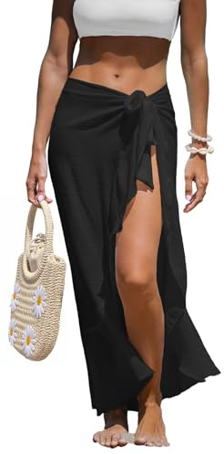 CUPSHE Paréo en mousseline de soie pour femme - Jupe enveloppante à nouer soi-même - Cache-maillot de bain à volants, noir, Small